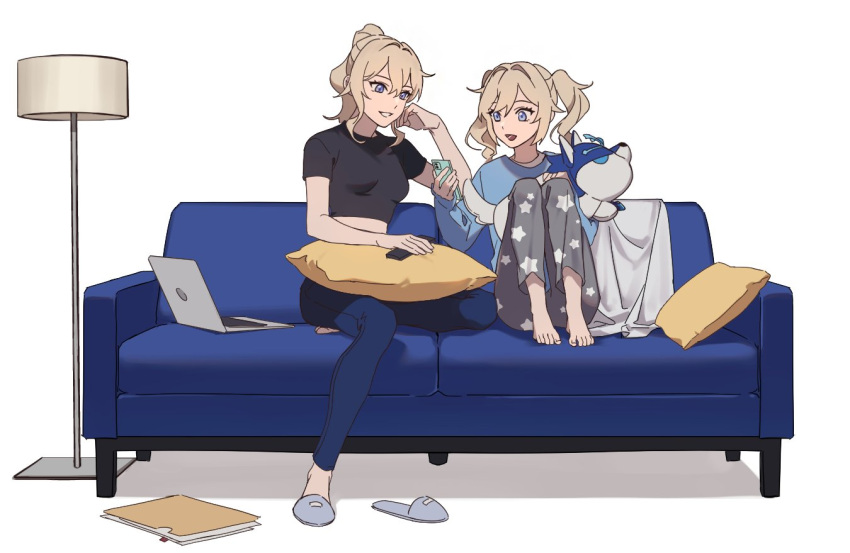 2girls bangs barbara_(genshin_impact) barefoot blonde_hair breasts casual cellphone computer couch crop_top genshin_impact holding holding_phone jean_gunnhildr_(genshin_impact) k_young03 lamp laptop long_hair long_sleeves multiple_girls open_mouth pants phone ponytail shirt short_sleeves sidelocks simple_background sitting slippers smartphone star_(symbol) star_print stuffed_animal stuffed_toy stuffed_wolf twintails white_background