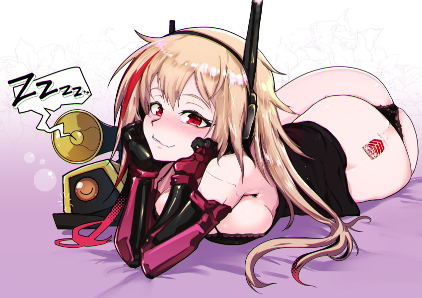 1girl arm_support ass back_tattoo black_panties blonde_hair blush breasts camisole fang girls_frontline grifon_&amp;_kryuger headgear highres large_breasts lingerie long_hair looking_at_viewer lying m4_sopmod_ii_(girls_frontline) mechanical_arms megaphone multicolored_hair panties red_eyes redhead ro635_(dinergate) ryuu_tou skin_fang smile spoken_zzz streaked_hair string_panties tattoo tramp_stamp underwear zzz