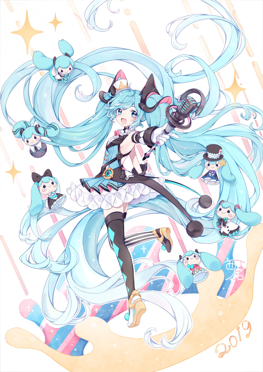 1girl 2019 :d absurdly_long_hair absurdres aqua_eyes aqua_hair argyle argyle_legwear artist_name black_footwear black_legwear bow bowtie character_doll commentary detached_sleeves diffraction_spikes dress eyebrows_behind_hair facial_mark floating_hair full_body gloves hat hatsune_miku highres holding holding_microphone leg_up long_hair looking_at_viewer magical_mirai_(vocaloid) microphone mini_hat mini_top_hat mismatched_footwear mismatched_legwear neck_ruff nishina_hima open_mouth outstretched_arm pink_bow shoulder_tattoo single_detached_sleeve sleeveless sleeveless_dress smile solo star-shaped_pupils star_(symbol) striped striped_legwear symbol-shaped_pupils tattoo thigh-highs top_hat twintails vertical-striped_legwear vertical_stripes very_long_hair vocaloid white_footwear white_gloves white_headwear white_legwear wrist_cuffs