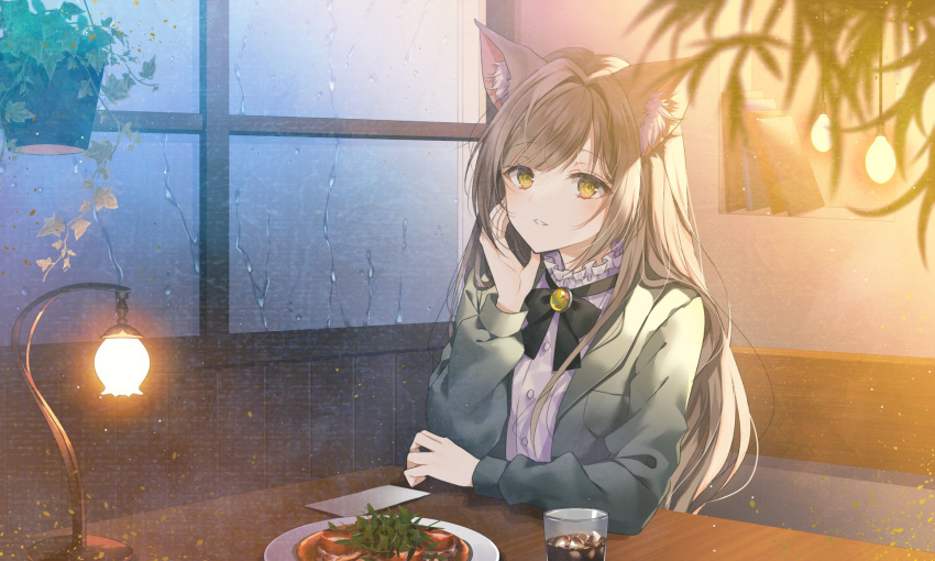 1girl animal_ear_fluff animal_ears book brown_hair dress_shirt food fox_ears glass hazakura_konoha highres indie_virtual_youtuber jacket lamp long_hair long_sleeves looking_at_viewer myusha original plant plate potted_plant shirt sitting table white_shirt window yellow_eyes