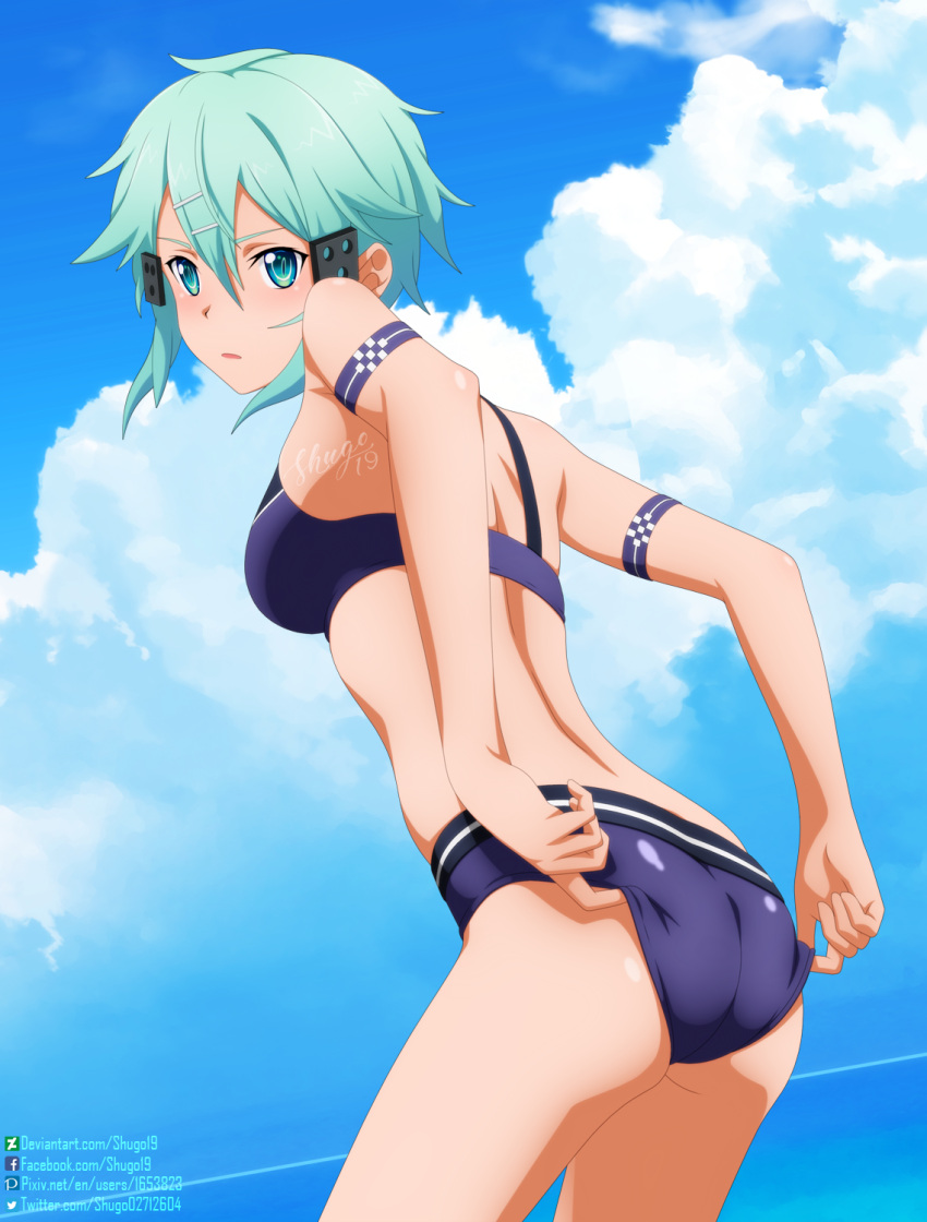 1girl adjusting_clothes adjusting_swimsuit arm_strap artist_name ass bangs bikini blue_bikini blue_eyes blue_hair blue_sky breasts clouds cowboy_shot day derivative_work hair_between_eyes highres leaning_forward medium_breasts open_mouth outdoors short_hair shugo19 sinon sky solo standing swimsuit sword_art_online watermark