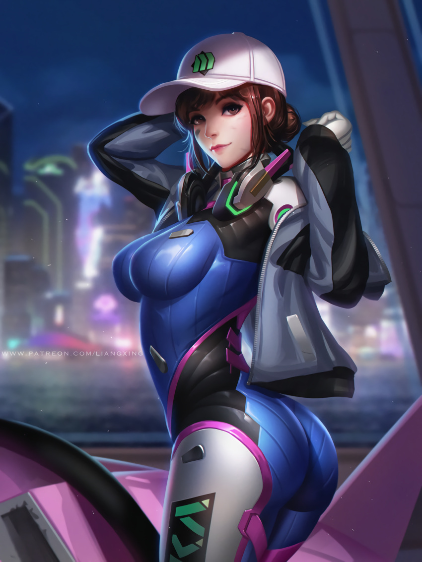 1girl ass baseball_cap bodysuit breasts brown_eyes brown_hair cowboy_shot curvy d.va_(overwatch) hair_bun hat headphones headphones_around_neck highres impossible_bodysuit impossible_clothes jacket large_breasts liang_xing looking_at_viewer overwatch photoshop_(medium) shooting_star_d.va skin_tight smile solo twisted_torso