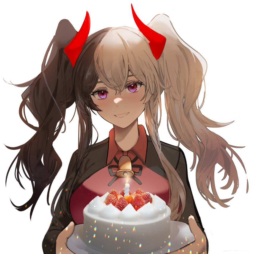 1girl absurdres bell black_hair black_jacket black_ribbon breasts cake cizzi collared_shirt curled_horns demon_horns food fruit highres holding holding_plate horns jacket long_hair looking_at_viewer medium_breasts multicolored_hair neck_ribbon open_clothes open_jacket original plate red_shirt ribbon shirt simple_background solo strawberry twintails two-tone_hair upper_body white_background white_hair