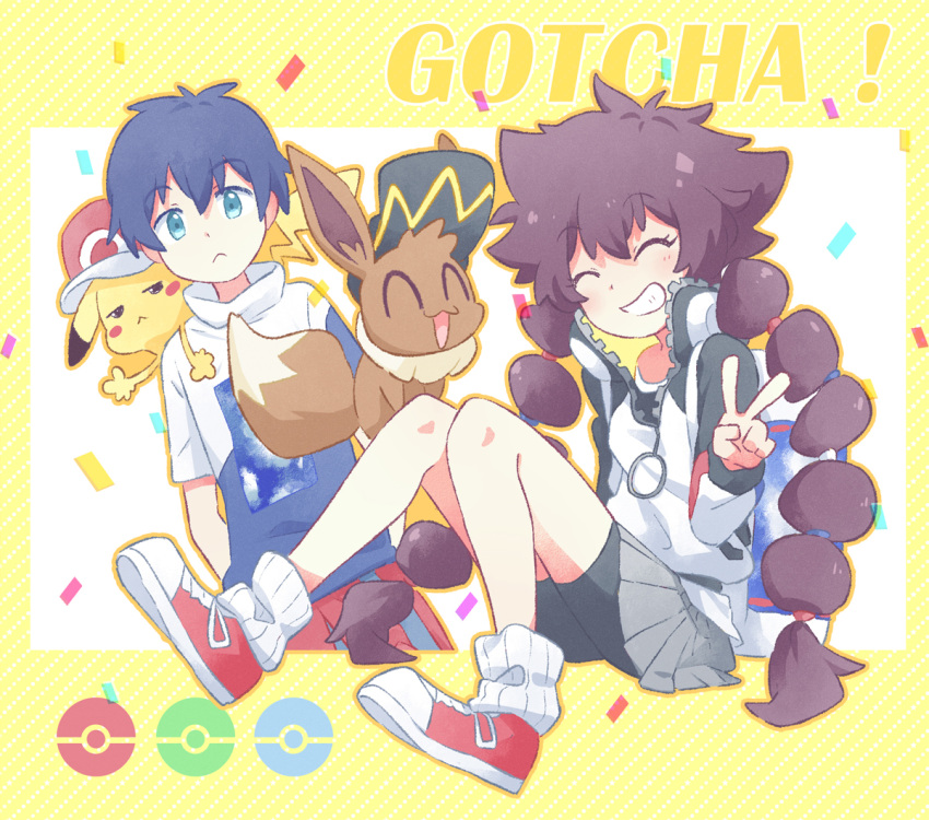 1boy 1girl :&lt; akasaka_(qv92612) bangs baseball_cap bike_shorts black_hair blush brown_hair closed_eyes closed_mouth commentary confetti copyright_name eevee eyebrows_visible_through_hair eyelashes gen_1_pokemon gotcha! gotcha!_boy_(pokemon) gotcha!_girl_(pokemon) grey_skirt grin hair_between_eyes hand_up hat hatted_pokemon jacket leg_warmers long_hair long_sleeves multi-tied_hair pikachu pleated_skirt poke_ball_symbol pokemon pokemon_(creature) pokemon_on_back shoes short_sleeves skirt smile sneakers teeth v zipper