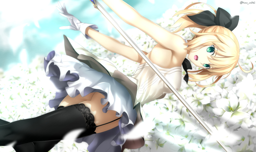 1girl absurdres arms_behind_back artoria_pendragon_(all) bangs black_bow black_legwear blonde_hair bow breasts dutch_angle eyebrows_visible_through_hair fate/unlimited_codes fate_(series) floating_hair flower foo_(pixiv54892036) garter_straps green_eyes hair_between_eyes hair_bow highres holding holding_sword holding_weapon lily_(flower) long_hair looking_at_viewer miniskirt open_mouth ponytail saber_lily skirt sleeveless small_breasts solo standing sword thigh-highs weapon white_flower white_skirt