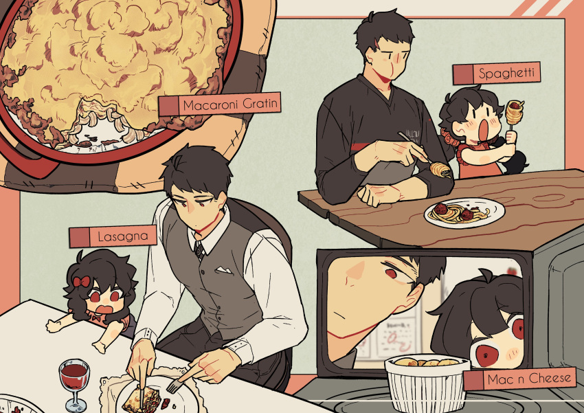 1boy 1girl absurdres black_hair bow collared_shirt cup daji_(sihanjir) drinking_glass father_and_daughter food fork hair_bow highres lasagna_(food) long_hair multiple_views natt_(sihanjir) original pasta plate red_bow red_eyes shirt short_hair sihanjir spaghetti twintails vest white_shirt wine_glass