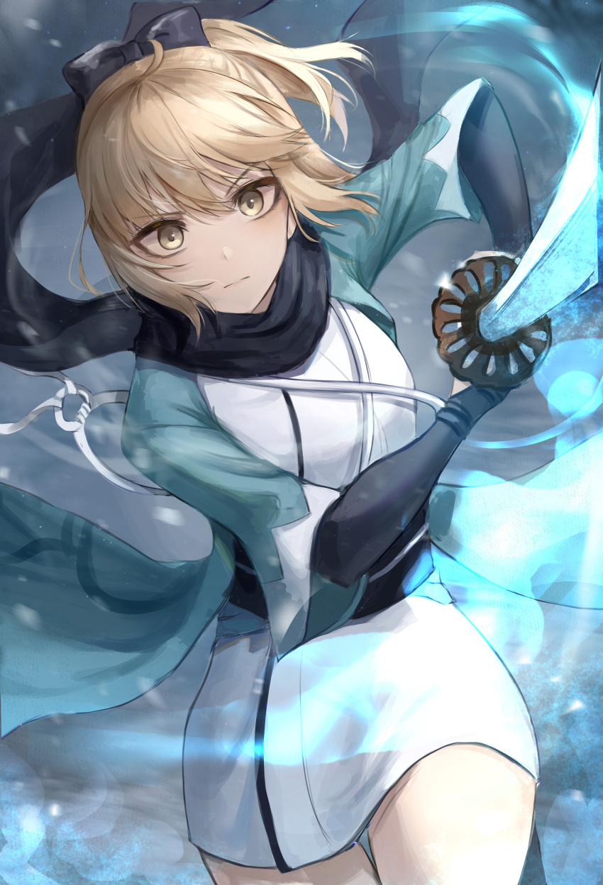 1girl absurdres ahoge blonde_hair fate/grand_order fate_(series) highres holding holding_sword holding_weapon huge_filesize incoming_attack katana kyo_(maae00) looking_at_viewer okita_souji_(fate) okita_souji_(fate)_(all) samurai scarf short_hair solo sword weapon yellow_eyes