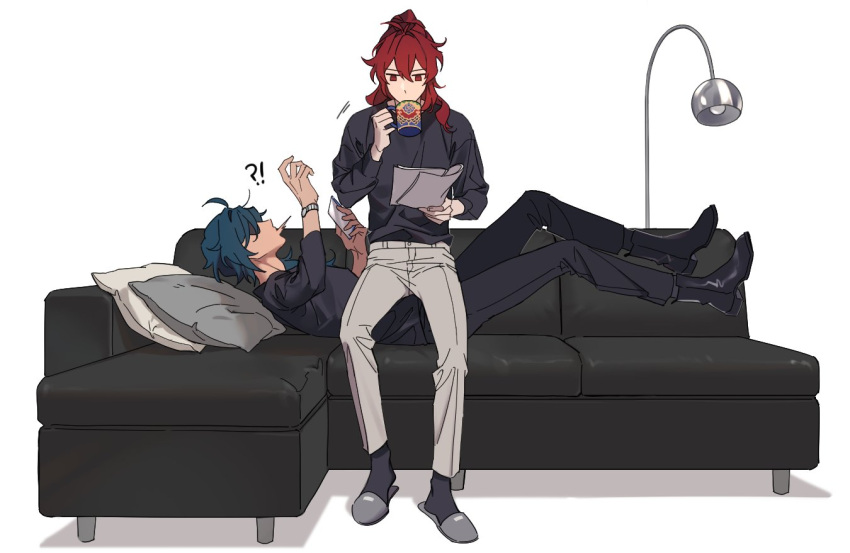 !? 2boys bangs black_footwear blue_hair casual cellphone couch cup dark_skin dark_skinned_male diluc_(genshin_impact) eyepatch genshin_impact holding holding_phone k_young03 kaeya_(genshin_impact) lamp long_hair lying male_focus mug multiple_boys on_back pants phone pillow ponytail red_eyes redhead shirt simple_background slippers smartphone watch watch white_background