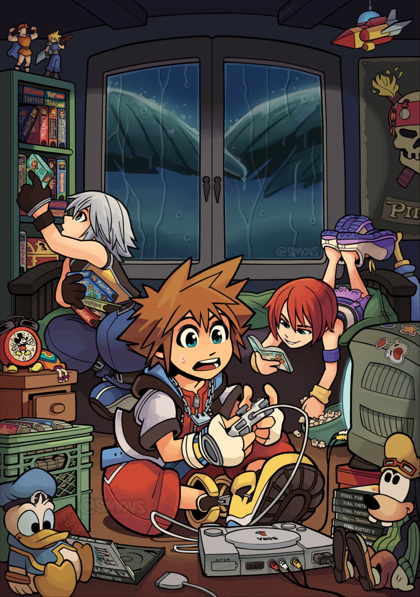 1girl 2boys basket bed bowl brown_hair character_doll cloud_strife donald_duck final_fantasy final_fantasy_vii fingerless_gloves food game_cartridge game_console gloves goofy hercules_(disney) hercules_(disney)_(character) highres hood hoodie kairi_(kingdom_hearts) kingdom_hearts kingdom_hearts_i mickey_mouse multiple_boys open_mouth palm_tree playing_games playstation popcorn poster_(object) pouch rain redhead riku room short_hair silver_hair sitting sleeveless smile smovs sora_(kingdom_hearts) spiky_hair sticker sweatdrop television tree video_game videocassette window wristband