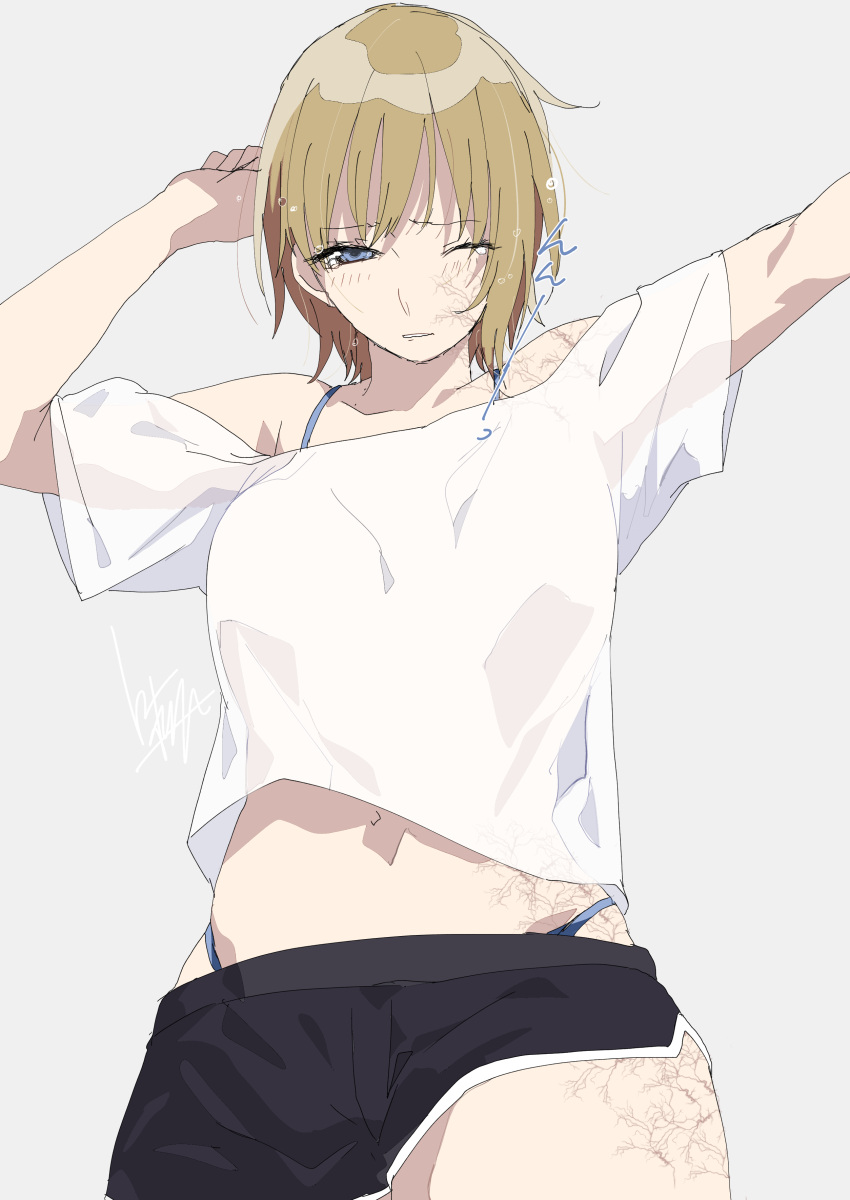 1girl absurdres apex_legends black_shorts blonde_hair bra_strap breasts clenched_hand grey_background highres lichtenberg_figure looking_at_viewer mashiro_(rikuya) medium_breasts navel off-shoulder_shirt off_shoulder one_eye_closed parted_lips scar scar_on_arm scar_on_cheek scar_on_face scar_on_leg scar_on_stomach shirt short_hair shorts sketch solo stretch wattson_(apex_legends) white_shirt