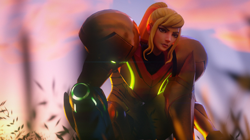 3d absurdres arm_cannon blonde_hair field fortnite highres looking_up metroid model ponytail pose power_armor samus_aran squatting ta5tyy2 weapon