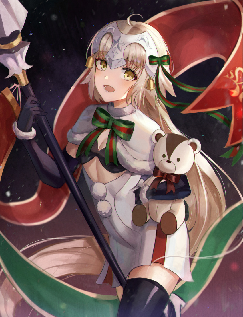 1girl absurdres ahoge bikini bikini_top blonde_hair christmas elbow_gloves fate/grand_order fate_(series) gloves green_ribbon headpiece highres holding holding_weapon jeanne_d'arc_(fate)_(all) jeanne_d'arc_alter_santa_lily_(fate) kyo_(maae00) long_hair looking_at_viewer merry_christmas polearm ribbon solo spear stuffed_animal stuffed_toy swimsuit teddy_bear very_long_hair weapon yellow_eyes