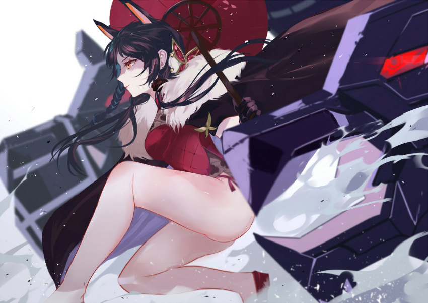 1girl animal_ears bangs bare_legs black_cape black_gloves black_hair braid breasts cape character_request china_dress chinese_clothes dress final_gear fur-trimmed_cape fur_trim gloves highres holding holding_umbrella legs long_hair medium_breasts profile red_dress red_footwear solo umbrella vardan yellow_eyes
