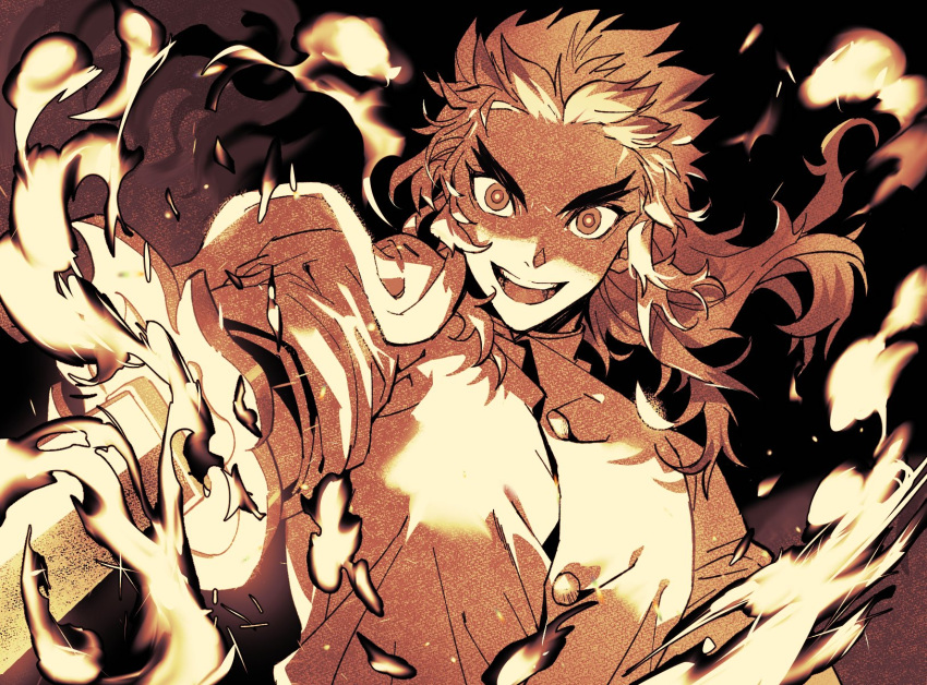 1boy embers fire highres holding holding_sword holding_weapon katana kimetsu_no_yaiba ksword_g long_hair long_sleeves looking_at_viewer male_focus monochrome open_mouth rengoku_kyoujurou simple_background smile solo sword thick_eyebrows uniform upper_body upper_teeth v-shaped_eyebrows weapon