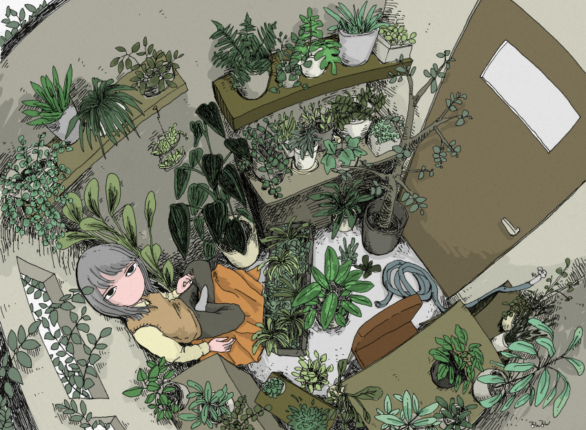 1girl black_eyes brown_pants chair door from_above grey_hair highres indoors leaf long_sleeves looking_at_viewer medium_hair no_mouth no_nose original pants plant potted_plant run_rurun shadow shelf solo