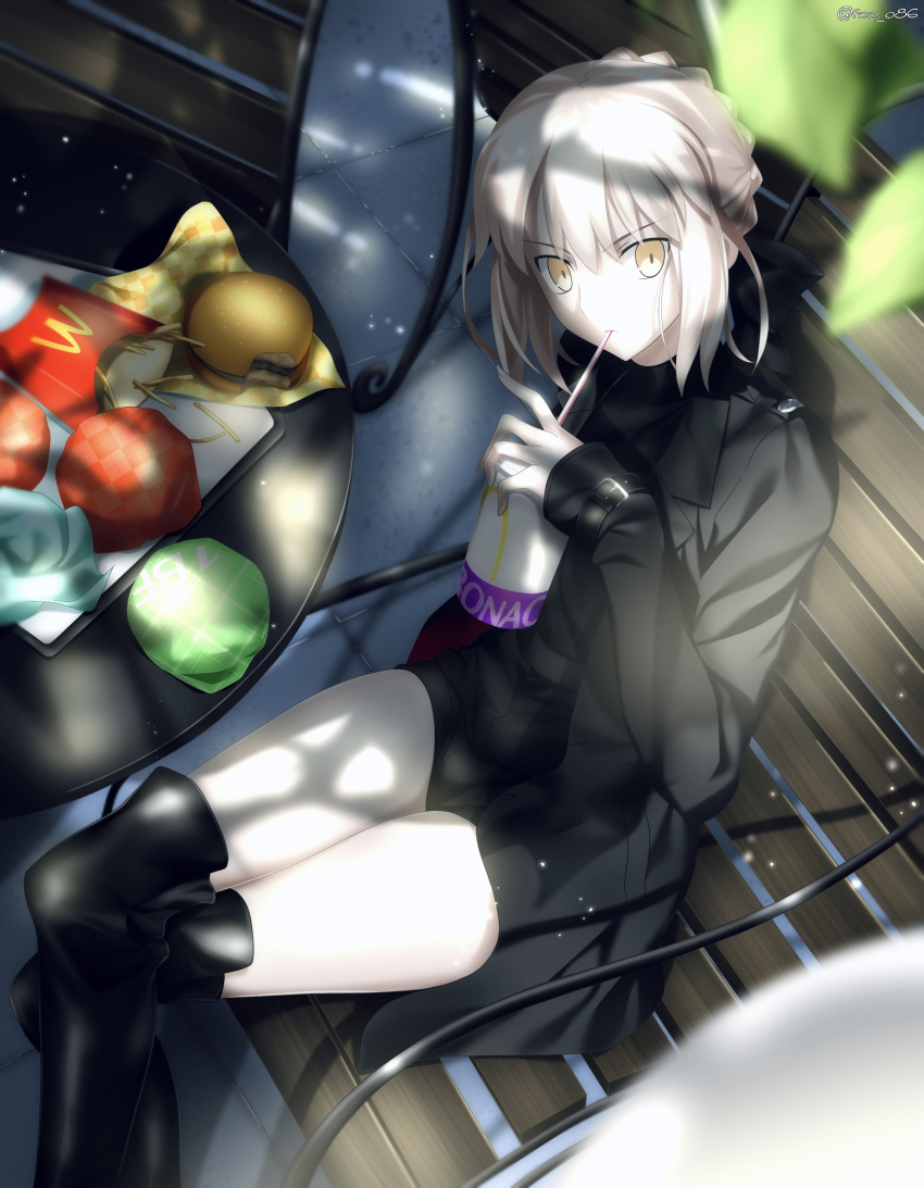 1girl absurdres artoria_pendragon_(all) bench black_bow black_coat black_footwear black_shirt black_shorts boots bow braid braided_bun coat crossed_legs dappled_sunlight drinking drinking_straw fate/stay_night fate_(series) foo_(pixiv54892036) food from_above hair_bow hamburger highres holding long_sleeves open_clothes open_coat saber_alter shirt short_hair short_shorts shorts silver_hair sitting solo sunlight thigh-highs thigh_boots tied_hair