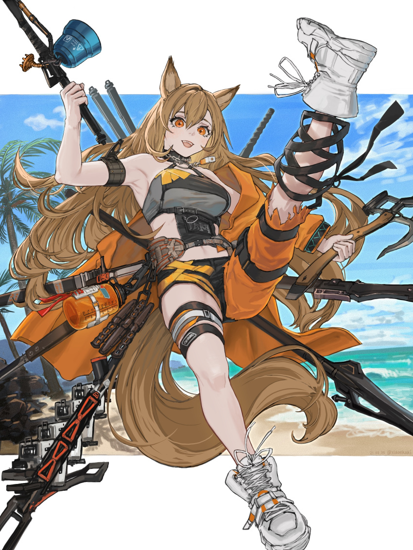 1girl absurdres animal_ears arknights armpits axe beach bell belt black_ribbon black_shorts blue_sky bottle breasts brown_hair ceobe_(arknights) ceobe_(summer_flowers)_(arknights) chain clouds cloudy_sky commentary cross-laced_footwear day dog_ears dog_tail eyelashes fangs full_body grey_shirt hair_between_eyes highres holding holding_weapon infection_monitor_(arknights) jacket leg_up long_hair looking_at_viewer medium_breasts midriff multiple_weapons navel o-ring o-ring_top ocean off_shoulder official_alternate_costume open_clothes open_jacket open_mouth orange_eyes orange_jacket orange_pants outdoors palm_tree pants polearm ribbon sheath sheathed shirt shoes short_shorts shorts sky sleeveless smile sneakers solo staff strap strapless sword tail teeth thigh_strap torn_clothes torn_pants tree tubetop weapon weapon_on_back white_footwear xia_oekaki