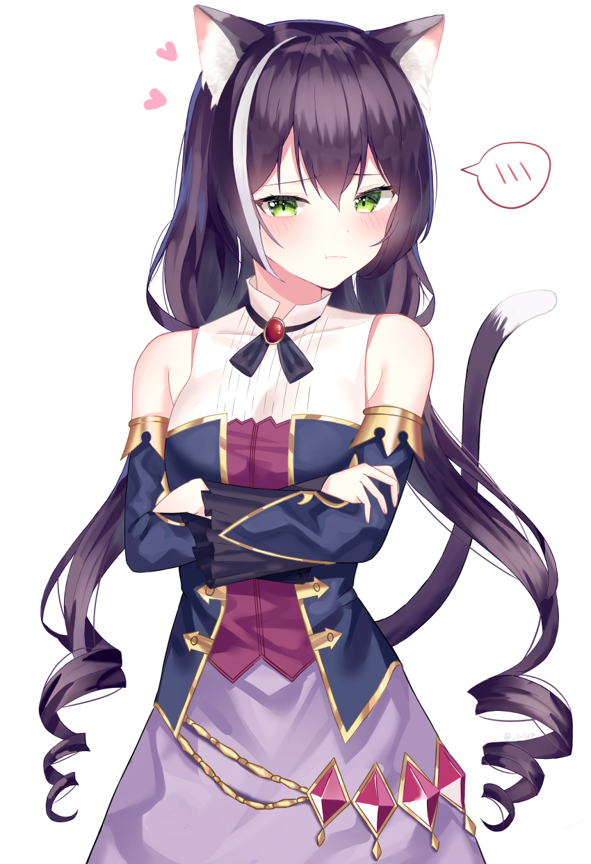 1girl :t absurdres animal_ear_fluff animal_ears bare_shoulders black_ribbon blue_sleeves blush brown_hair cat_ears cat_girl cat_tail crossed_arms detached_sleeves doham floating_hair green_eyes half-closed_eyes heart highres karyl_(princess_connect!) long_hair long_sleeves low_twintails neck_ribbon pout princess_connect! princess_connect!_re:dive purple_skirt ribbon shiny shiny_hair simple_background skirt solo speech_bubble standing tail twintails very_long_hair white_background