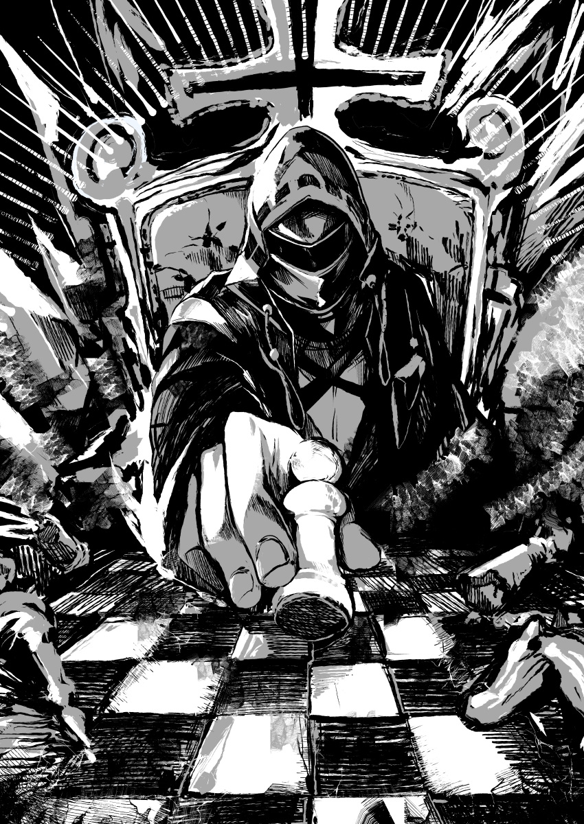1other absurdres arknights aura chess_piece chessboard coat cross dark_aura doctor_(arknights) facing_viewer greyscale highres kuba mask monochrome pawn_(chess) sitting solo throne