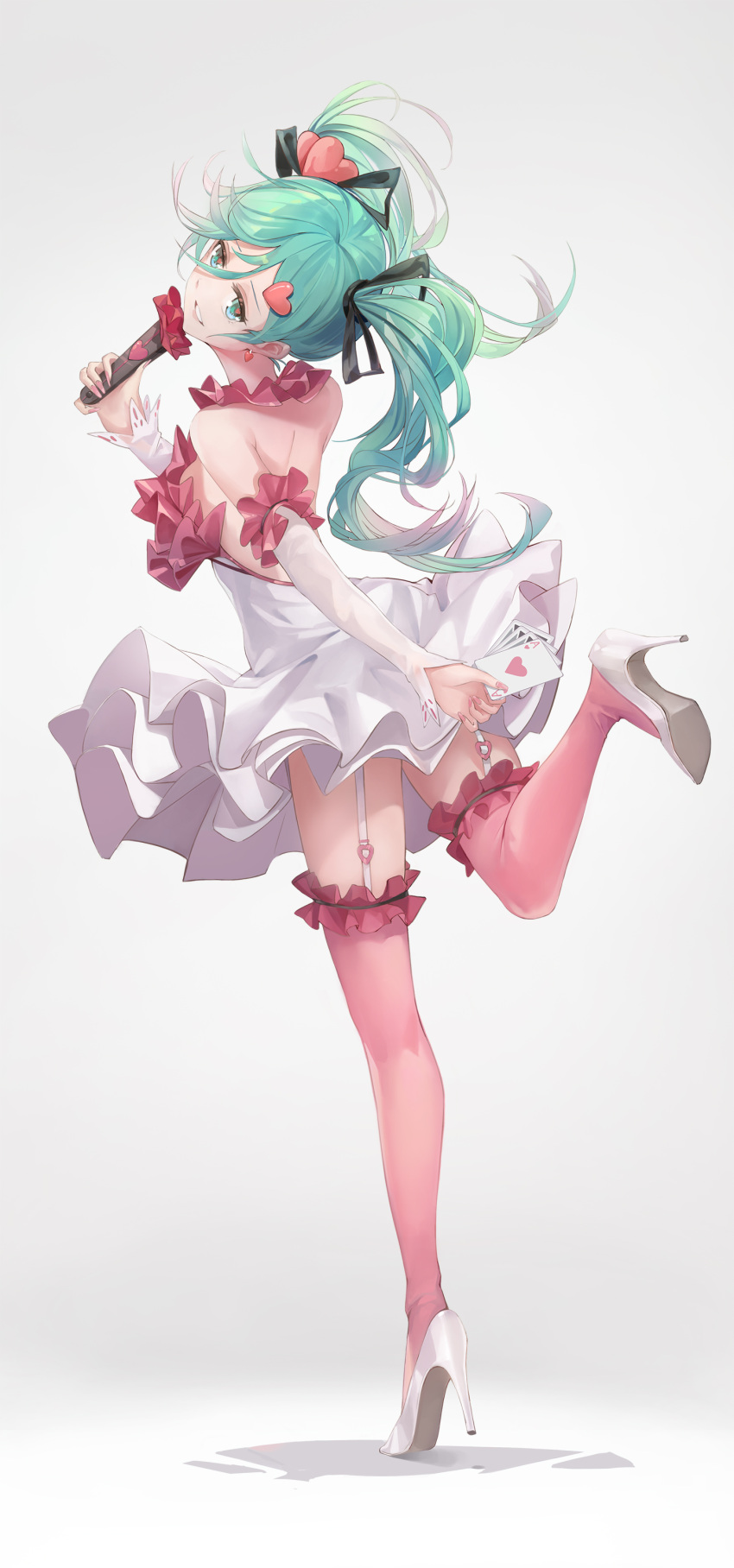 1girl absurdres aqua_hair backless_dress backless_outfit bangs black_ribbon blue_eyes card detached_sleeves dress eyebrows_visible_through_hair floating_hair from_behind garter_straps grey_background grin hair_between_eyes hair_ornament hair_ribbon hairclip hatsune_miku heart heart_hair_ornament high_heels highres holding holding_card holding_microphone layered_dress leg_up long_hair long_sleeves microphone pink_legwear pumps r/h ribbon shiny shiny_hair short_dress shoulder_blades sleeveless sleeveless_dress smile solo standing standing_on_one_leg thigh-highs twintails vocaloid white_dress white_footwear white_sleeves zettai_ryouiki