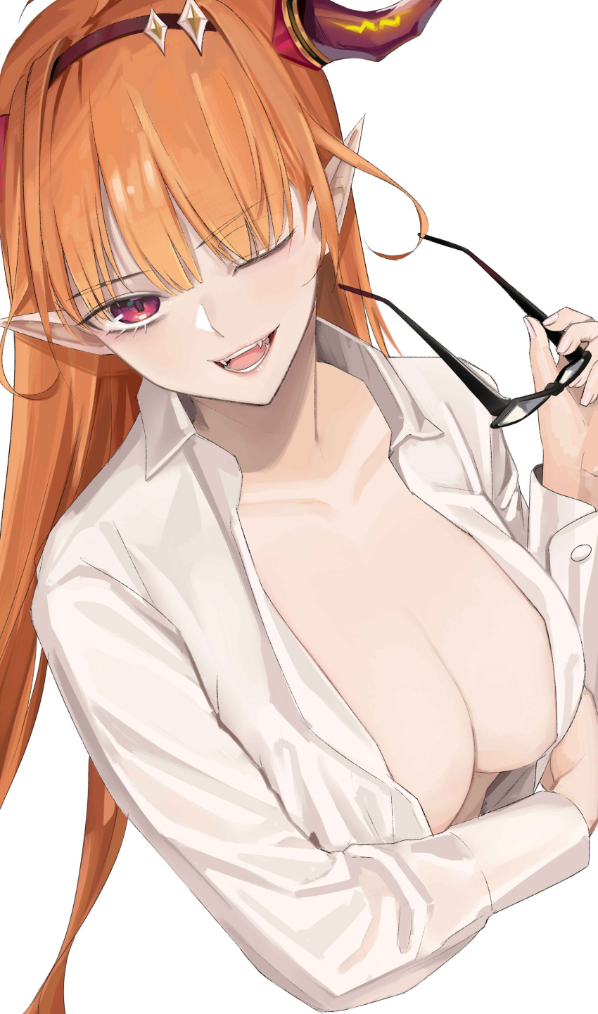 1girl absurdres bangs breasts collarbone dragon_girl dragon_horns eyebrows_visible_through_hair fang glasses hairband highres holding hololive horns kiryuu_coco large_breasts long_hair long_sleeves looking_at_viewer no_bra one_eye_closed open_clothes open_mouth open_shirt orange_hair pointy_ears red_eyes sewally2 shirt simple_background smile solo virtual_youtuber white_background white_shirt