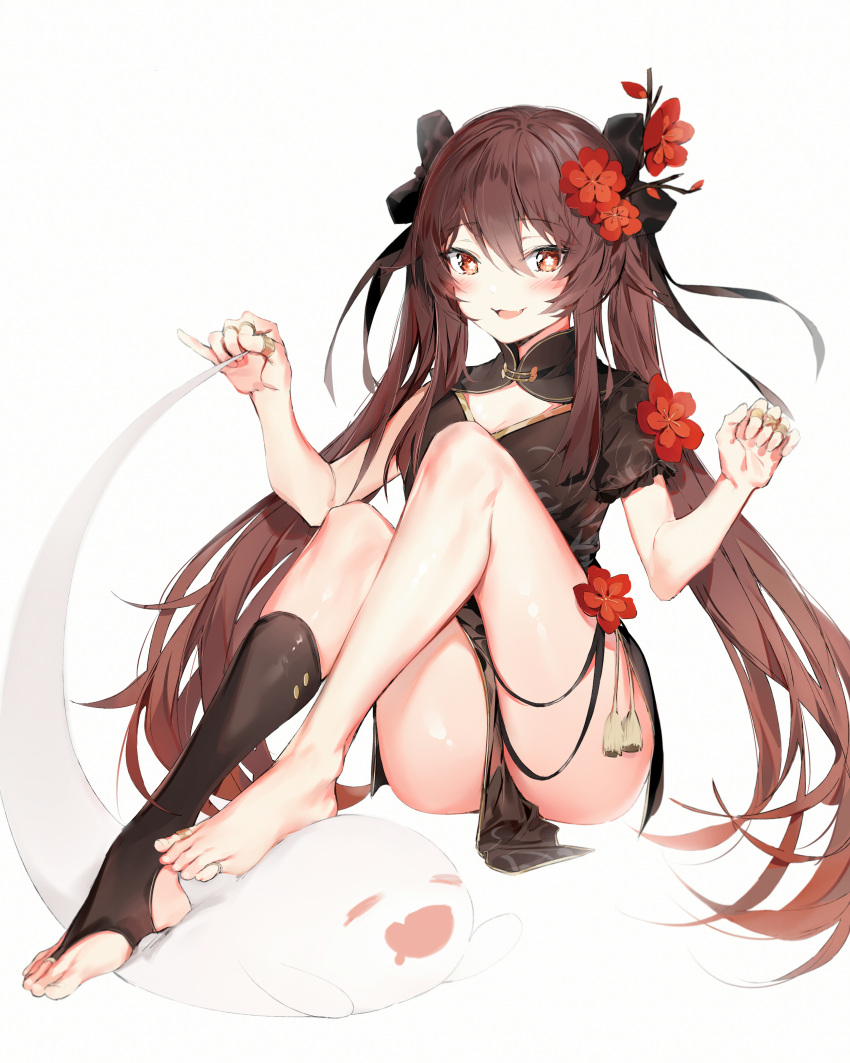 1girl absurdres bangs black_dress blush breasts brown_hair china_dress chinese_clothes dress feet genshin_impact highres hu_tao huge_filesize legs long_hair looking_at_viewer red_eyes short_dress silver_(chenwen) small_breasts smile symbol-shaped_pupils twintails very_long_hair