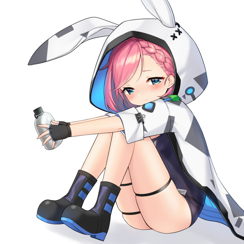 1girl animal_ears blue_eyes blush boots braid canteen crown_braid fingerless_gloves gloves highres hood hooded_jacket jacket kbn317 knees_up last_origin looking_at_viewer m-5_efreeti one-piece_swimsuit pink_hair rabbit_ears short_hair simple_background sitting solo swimsuit white_background