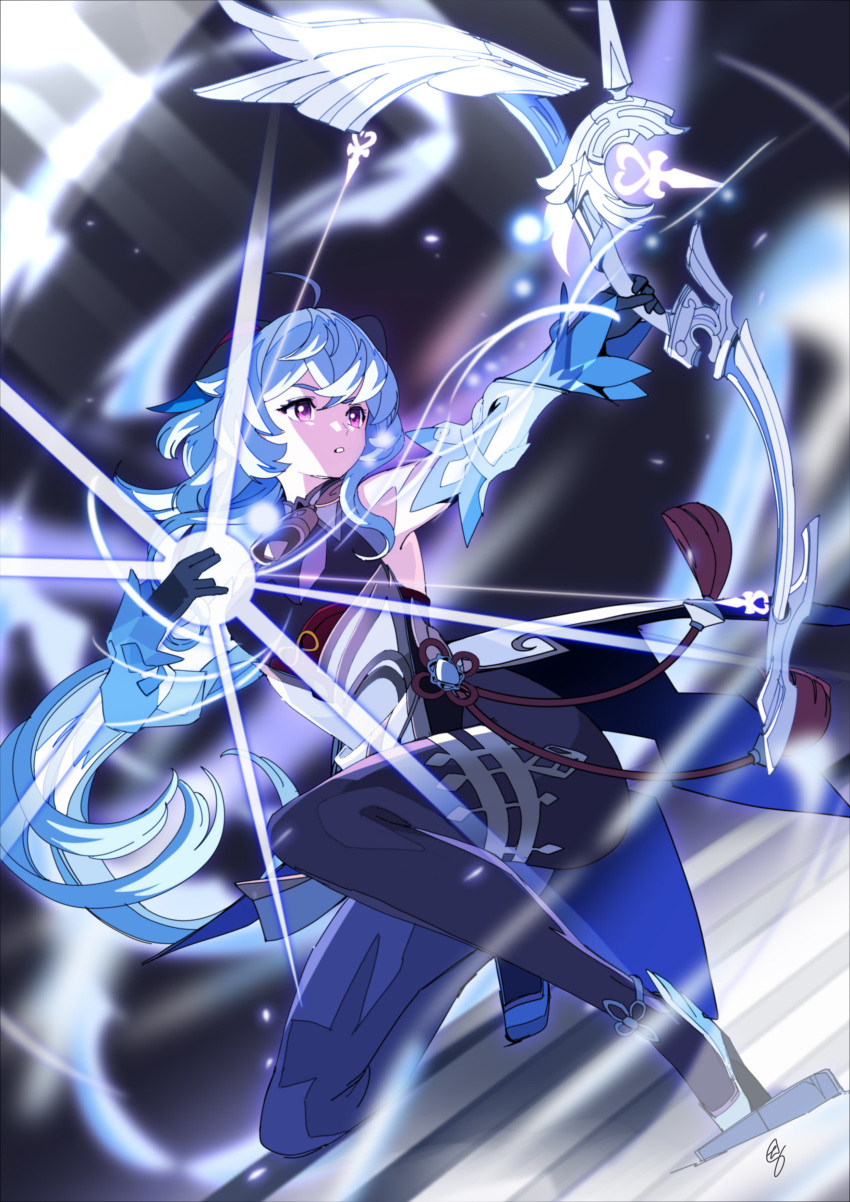 1girl absurdres ahoge bangs bell black_bodysuit black_gloves blue_hair bodystocking bodysuit bow_(weapon) cowbell drawing_bow edoya_inuhachi ganyu_(genshin_impact) genshin_impact gloves goat_horns highres holding holding_bow_(weapon) holding_weapon horns long_hair low_ponytail signature solo violet_eyes weapon