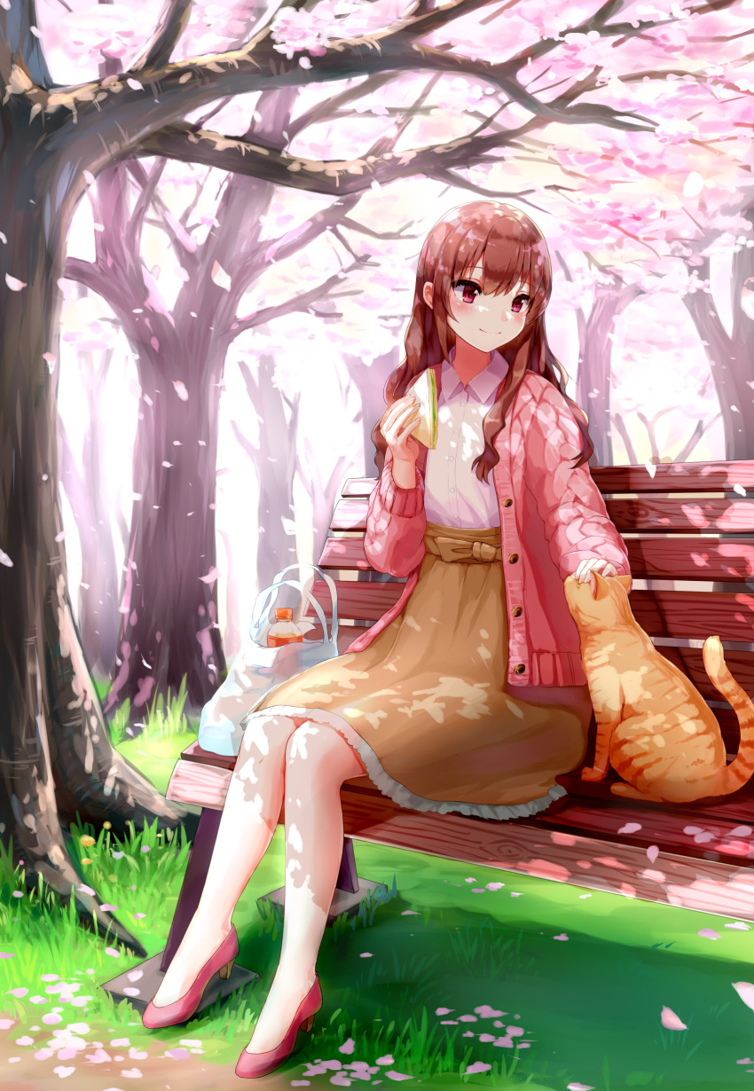 1girl absurdres bag bench blurry blurry_background blush bottle brown_hair brown_skirt cardigan cat cherry_blossoms commentary_request dappled_sunlight day food grass hair_between_eyes high-waist_skirt high_heels highres holding holding_food looking_down on_bench open_cardigan open_clothes orange_cat original outdoors park park_bench petals petticoat petting pink_cardigan pink_eyes pink_footwear plastic_bag ruri-urasue-1224 sandwich shirt shopping_bag sitting skirt smile solo sunlight tree white_shirt