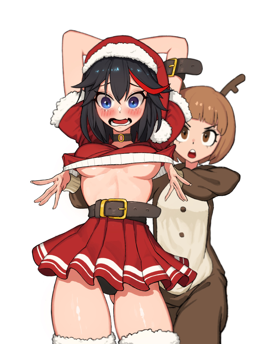 2girls absurdres alternate_costume animal_costume antlers arm_strap ass_visible_through_thighs belt black_hair black_panties blue_eyes blush breasts brown_eyes brown_hair clothes_lift commentary cowboy_shot cropped_sweater embarrassed english_commentary eyelashes fake_antlers fang fur-trimmed_legwear fur_trim hair_between_eyes hand_under_clothes hat hellk111 highres kill_la_kill looking_at_viewer mankanshoku_mako matoi_ryuuko medium_breasts miniskirt multicolored_hair multiple_girls open_mouth panties pantyshot pleated_skirt pom_pom_(clothes) red_headwear red_skirt red_sweater redhead reindeer_costume santa_costume santa_hat short_hair simple_background skin_fang skirt streaked_hair surprised sweater sweater_lift tareme thigh-highs thighs two-tone_hair under_boob underwear white_background