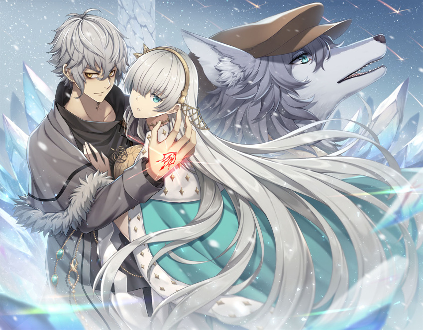 1girl 2boys anastasia_(fate) animal_ear_fluff animal_ears bangs black_shirt blue_eyes cloak collarbone command_spell deerstalker eyebrows_visible_through_hair fate/grand_order fate_(series) fur-trimmed_cloak fur-trimmed_jacket fur_trim grey_jacket hair_between_eyes hair_over_one_eye hairband hat high_collar highres hug ice jacket kadoc_zemlupus kiyo_(chaoschyan) long_hair looking_at_viewer multiple_boys patxi_(fate) shirt silver_hair snowing standing very_long_hair wolf_boy wolf_ears yellow_eyes