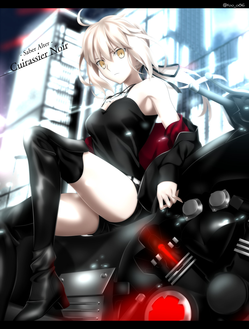 1girl absurdres ahoge artoria_pendragon_(all) black_footwear black_jacket black_ribbon black_shirt black_shorts blurry blurry_background boots breasts clothes_down floating_hair foo_(pixiv54892036) french_text from_below frown ground_vehicle hair_between_eyes hair_ribbon highres jacket jewelry long_hair looking_at_viewer medium_breasts motor_vehicle motorcycle night open_clothes open_jacket outdoors pendant ponytail ribbon saber_alter shirt short_shorts shorts silver_hair sleeveless sleeveless_shirt solo spaghetti_strap thigh-highs thigh_boots yellow_eyes