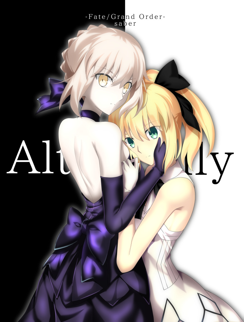 2girls absurdres artoria_pendragon_(all) backless_dress backless_outfit bangs black_background black_bow black_neckwear blonde_hair bow closed_mouth copyright_name dress elbow_gloves eyebrows_visible_through_hair fate/grand_order fate/stay_night fate/unlimited_codes fate_(series) foo_(pixiv54892036) gloves green_eyes hair_between_eyes hair_bow hand_on_another's_cheek hand_on_another's_face highres long_hair multiple_girls ponytail purple_bow purple_dress purple_gloves saber_alter saber_lily short_hair shoulder_blades silver_hair sleeveless sleeveless_dress solo standing two-tone_background white_background white_dress white_gloves yellow_eyes