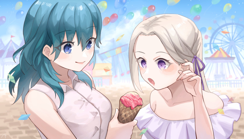 2girls alternate_costume amusement_park balloon bangs bare_shoulders blue_eyes blue_hair blue_sky breasts byleth_(fire_emblem) byleth_eisner_(female) casual clouds commentary_request contemporary day edelgard_von_hresvelg eyebrows_visible_through_hair ferris_wheel fire_emblem fire_emblem:_three_houses food forehead hair_between_eyes hair_ribbon hand_up holding holding_food ice_cream ice_cream_cone long_hair medium_breasts multiple_girls off-shoulder_shirt off_shoulder open_mouth outdoors purple_ribbon qi'e_(penguin) ribbon shirt silver_hair sky sleeveless sleeveless_shirt smile violet_eyes yuri