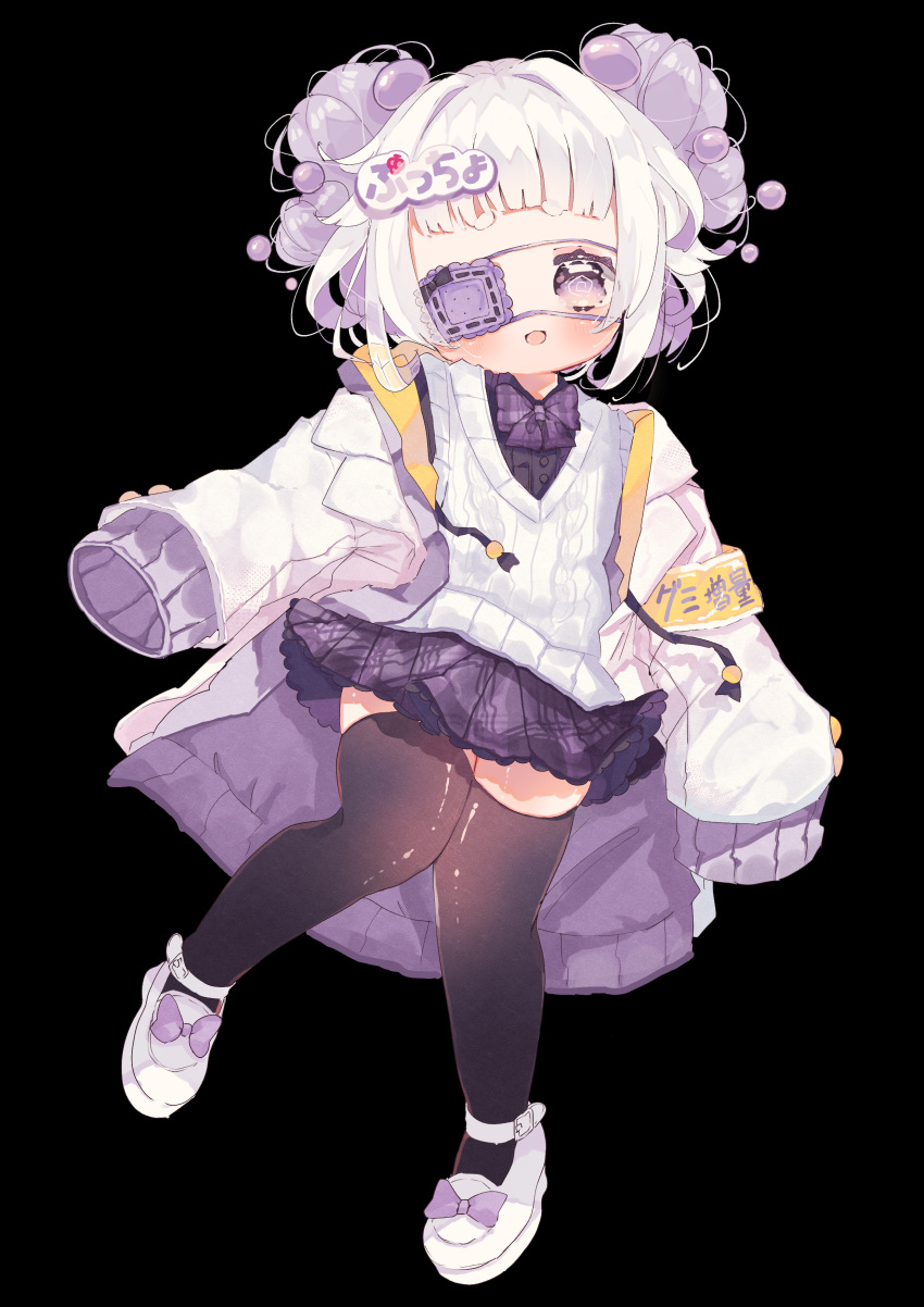 1girl absurdres black_background black_legwear eyepatch full_body highres open_mouth original plaid plaid_ribbon plaid_skirt pleated_skirt purple_eyepatch purple_ribbon purple_skirt ribbon skirt sleeves_past_fingers sleeves_past_wrists smile socks solo thigh-highs upa_papa_co white_hair
