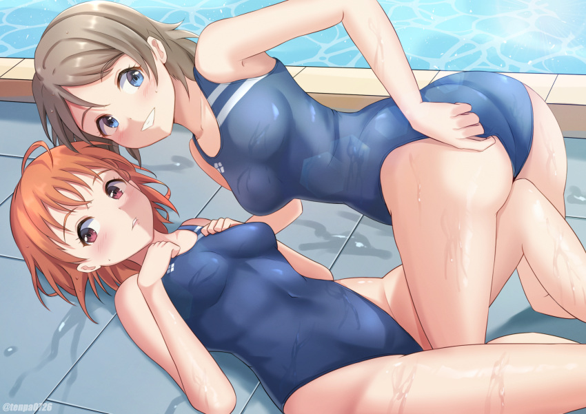 2girls adjusting_clothes adjusting_swimsuit ahoge all_fours ass blue_eyes blue_swimsuit blush breasts commentary_request competition_swimsuit grey_hair highres looking_at_viewer love_live! love_live!_sunshine!! lying matching_outfit multiple_girls one-piece_swimsuit orange_hair parted_lips pool poolside red_eyes short_hair smile swimsuit takami_chika tenpa_(tenpa2190) thighs watanabe_you water wet