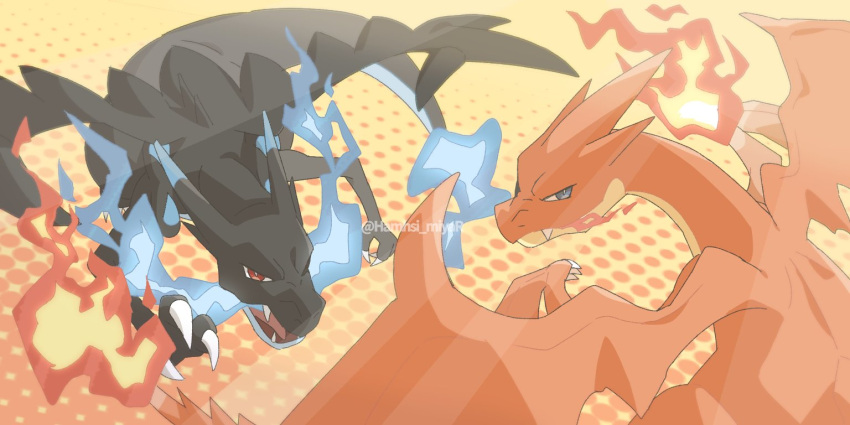 artist_name breathing_fire charizard claws commentary_request fangs fire flame gen_1_pokemon hamhsi_miyar looking_back mega_charizard_x mega_charizard_y mega_pokemon no_humans open_mouth pokemon pokemon_(creature) red_eyes tongue watermark