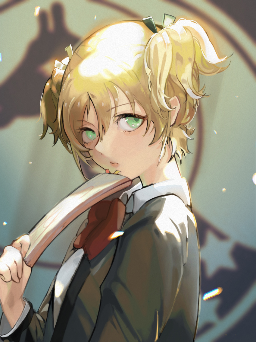 1girl absurdres bangs blonde_hair blurry blurry_background bow bowtie closed_mouth collared_shirt daiba_nana eyebrows_visible_through_hair eyelashes from_side giraffe_(revue_starlight) green_eyes green_ribbon grey_jacket hair_between_eyes hair_ribbon hand_up helena_c_l highres holding holding_notebook jacket light_particles light_rays long_sleeves looking_at_viewer looking_to_the_side notebook open_clothes open_jacket red_bow red_neckwear ribbon school_uniform seishou_music_academy_uniform shiny shiny_hair shirt short_hair short_twintails shoujo_kageki_revue_starlight solo twintails upper_body white_shirt