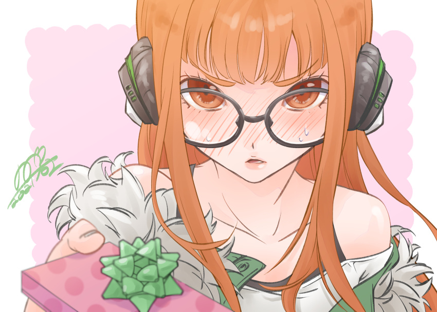 1girl blush embarrassed gift glasses headphones highres holding holding_gift lips long_hair looking_at_viewer looking_over_eyewear orange_eyes orange_hair persona persona_5 qoo1234 sakura_futaba solo sweat valentine