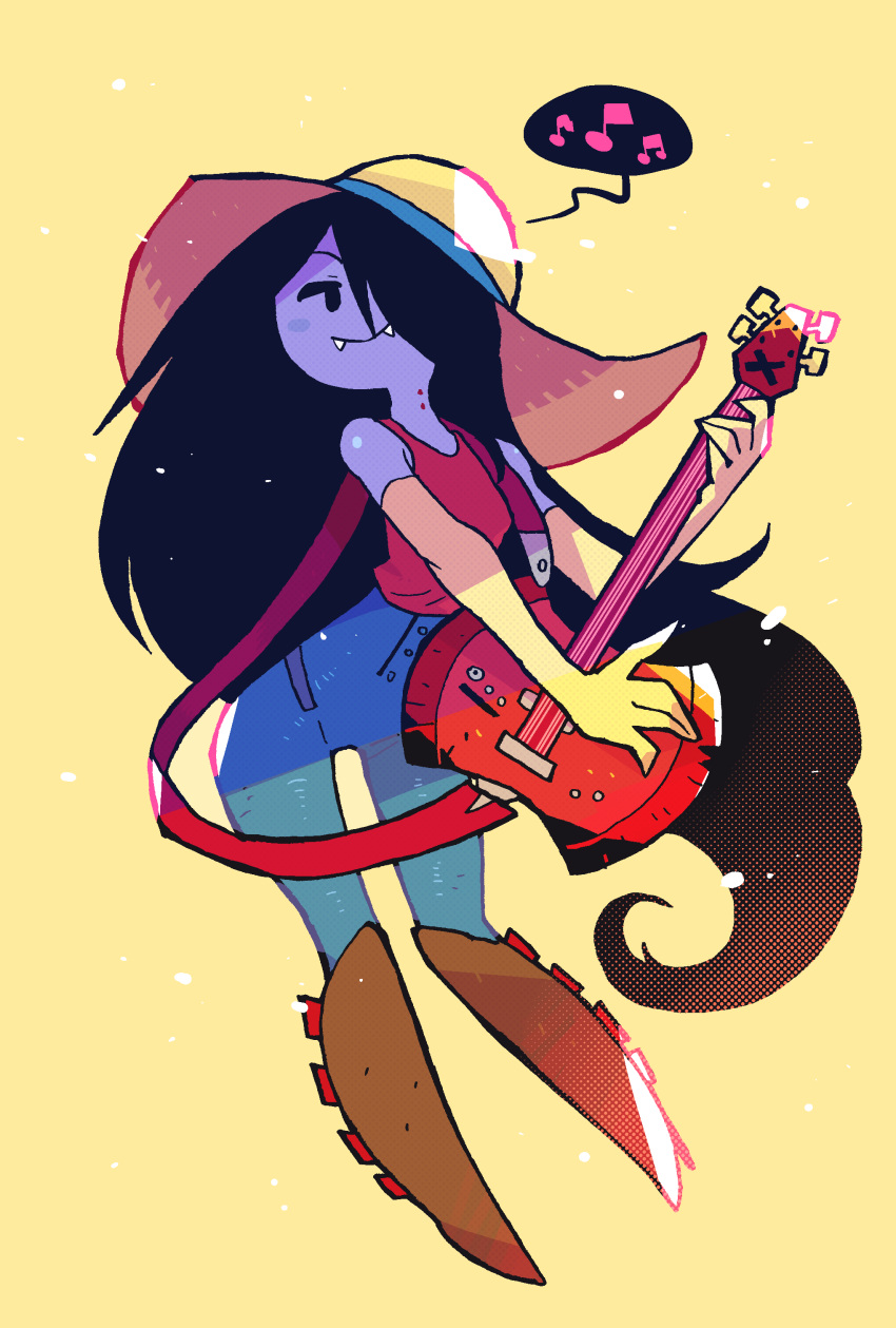 1girl absurdres adventure_time axe bass_guitar bite_mark black_eyes black_hair boots brown_footwear colored_skin denim elbow_gloves gloves grey_skin guitar hair_over_one_eye hat highres instrument jeans knee_boots long_hair marceline_abadeer music musical_note pants rariatto_(ganguri) red_shirt shirt smile sun_hat vampire very_long_hair yellow_background yellow_gloves yellow_headwear