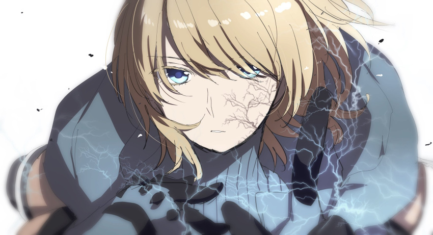 1girl apex_legends blonde_hair blue_gloves blue_sweater electricity floating_hair gloves hand_on_own_chest highres hood hooded_jacket jacket lichtenberg_figure looking_at_viewer mashiro_(rikuya) parted_lips ribbed_sweater scar scar_on_cheek scar_on_face short_hair solo sweater upper_body wattson_(apex_legends) white_background