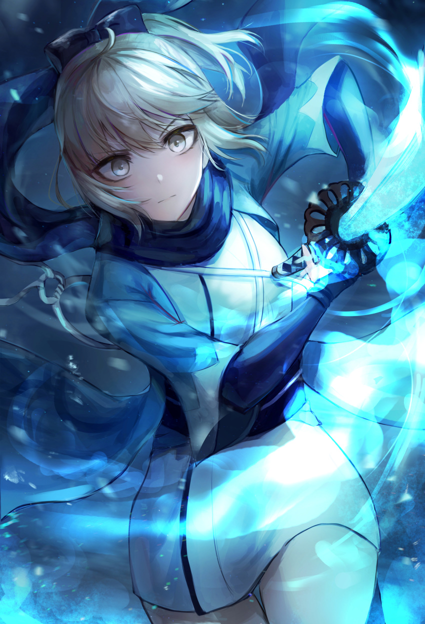 1girl absurdres blonde_hair fate/grand_order fate_(series) highres holding holding_sword holding_weapon incoming_attack katana kyo_(maae00) looking_at_viewer okita_sougo okita_souji_(fate) okita_souji_(fate)_(all) samurai scarf short_hair solo sword weapon yellow_eyes