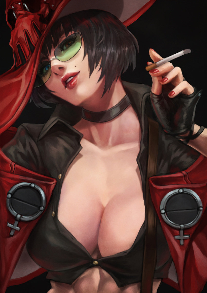 1girl abs absurdres black_choker black_hair black_shirt blue_eyes breasts choker cigarette collared_shirt cropped_shirt english_commentary fingernails guilty_gear guilty_gear_strive hat head_tilt heterochromia highres holding holding_cigarette i-no jacket large_breasts lips lipstick makeup midriff mole mole_above_mouth monori_rogue nose open_clothes open_jacket partially_unbuttoned red_eyes red_headwear red_nails rimless_eyewear shirt short_hair smoking solo sunglasses witch_hat