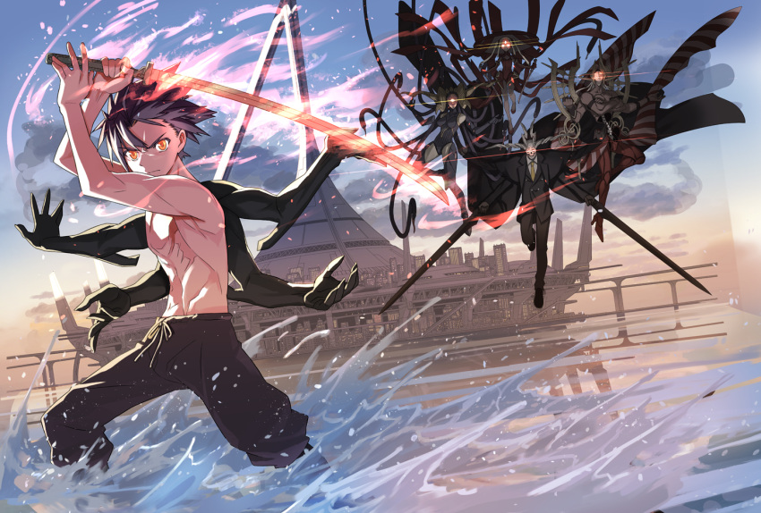2girls 3boys agali_arept akamatsu_ken character_request cover cover_page demon demon_boy demon_girl dual_wielding extra_arms faceoff fighting_stance fleurety_(uq_holder!) glowing glowing_eyes holding holding_sword holding_weapon huge_weapon katana konoe_touta male_focus multiple_boys multiple_girls muscular muscular_male official_art red_eyes serious shirtless short_hair solo_focus space_elevator sword uq_holder! water weapon