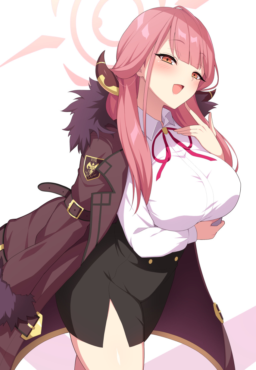 1girl :d aikometsu aru_(blue_archive) bangs black_skirt blue_archive blunt_bangs breasts brown_jacket commentary_request eyebrows_visible_through_hair fur-trimmed_jacket fur_trim halo highres jacket jacket_on_shoulders large_breasts long_hair looking_at_viewer open_mouth orange_eyes pink_hair red_neckwear red_ribbon ribbon shirt skirt smile solo thighs white_shirt
