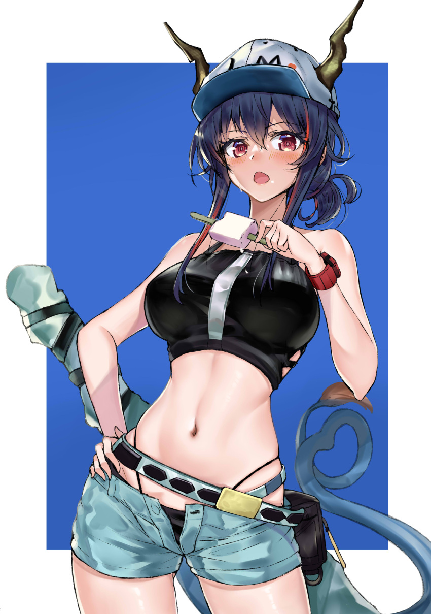 1girl absurdres arknights bangs bare_arms bare_shoulders baseball_cap bikini black_bikini blue_hair blue_shorts blush breasts ch'en_(arknights) commentary_request cowboy_shot dragon_horns dragon_tail female_tourist_c_(arknights) food hair_between_eyes hand_on_hip hat heart_tail highres holding holding_food horns horns_through_headwear kakeru_(kakeru) large_breasts long_hair looking_at_viewer navel open_fly open_mouth popsicle red_eyes short_shorts shorts solo standing stomach swimsuit tail thighs white_headwear