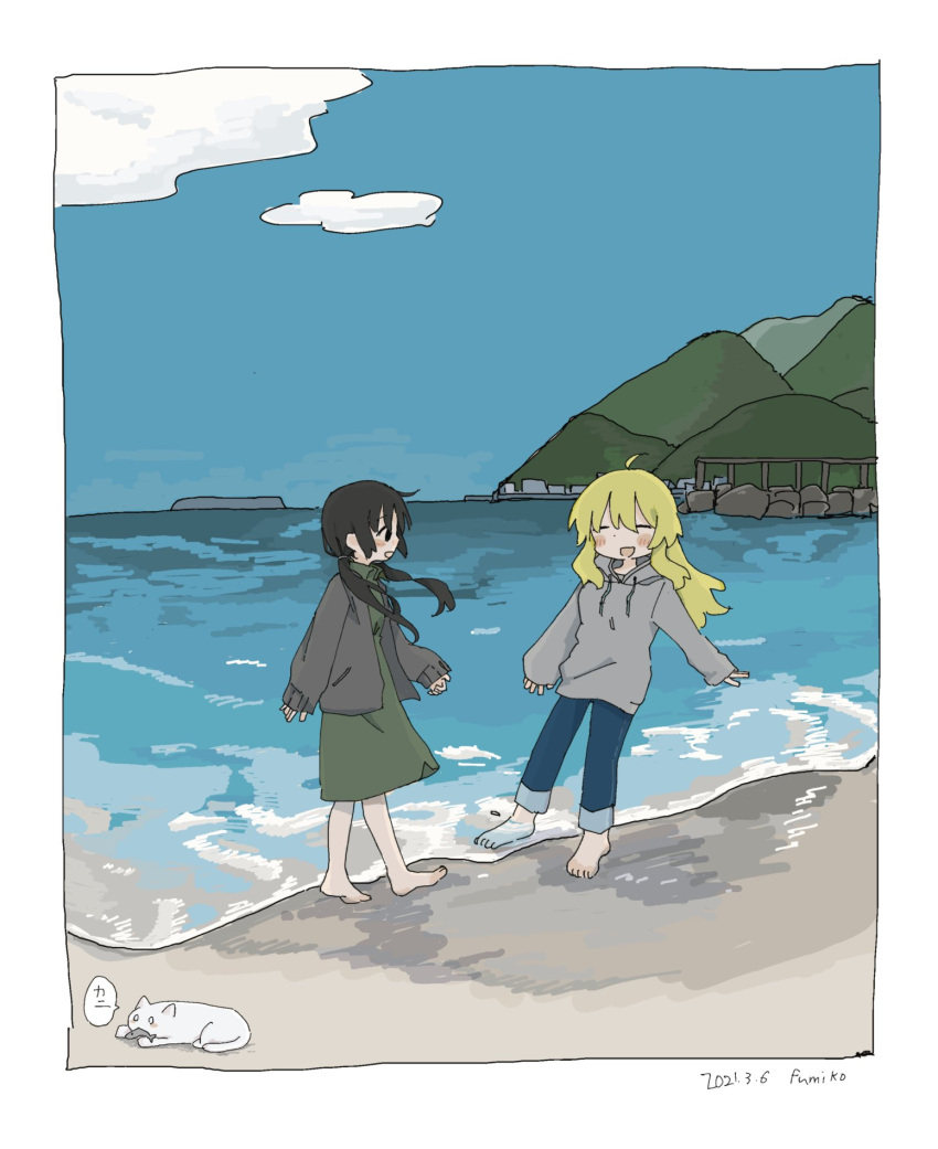 156m 2girls barefoot beach black_eyes black_hair blonde_hair blue_sky blush chito_(shoujo_shuumatsu_ryokou) closed_eyes clouds denim dress green_dress grey_hoodie highres hood hoodie jacket jeans long_hair long_sleeves looking_at_another mountain multiple_girls ocean open_mouth outdoors pants shoujo_shuumatsu_ryokou sky smile standing twintails yuuri_(shoujo_shuumatsu_ryokou)