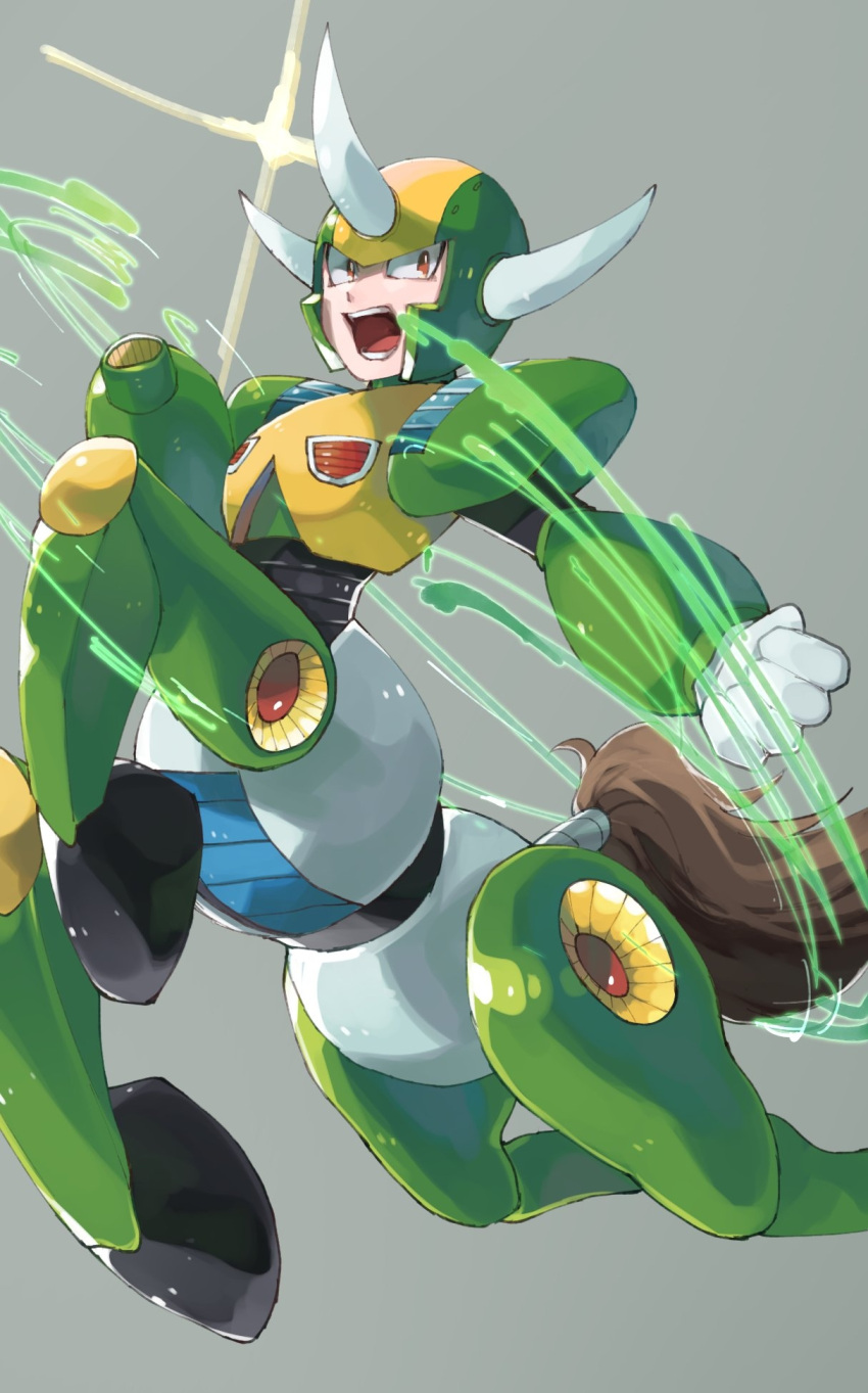1boy android arm_cannon armor breastplate centaur centaurman chikichi clenched_hand commentary cyborg energy english_commentary gloves green_headwear grey_background hand_up helmet highres horns jpeg_artifacts jumping looking_to_the_side male_focus mixed-language_commentary open_mouth red_eyes rockman rockman_6 shoulder_armor simple_background solo teeth vambraces weapon white_gloves