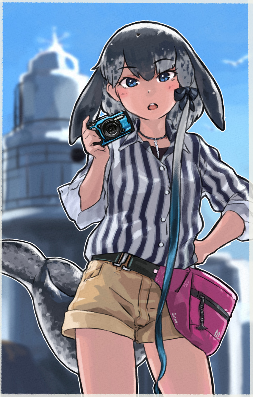 1girl absurdres alternate_costume bag bangs black_hair blowhole blue_eyes blue_hair blurry blurry_background border bow camera casual commentary_request contemporary day dolphin_tail eyebrows_visible_through_hair fanny_pack grey_hair hair_bow hand_up head_fins highres holding holding_camera horizontal_stripes jewelry kemono_friends long_hair looking_at_viewer multicolored_hair narwhal_(kemono_friends) open_mouth outdoors parted_bangs pendant shirt shorts side_ponytail solo striped striped_shirt tail toriny very_long_hair