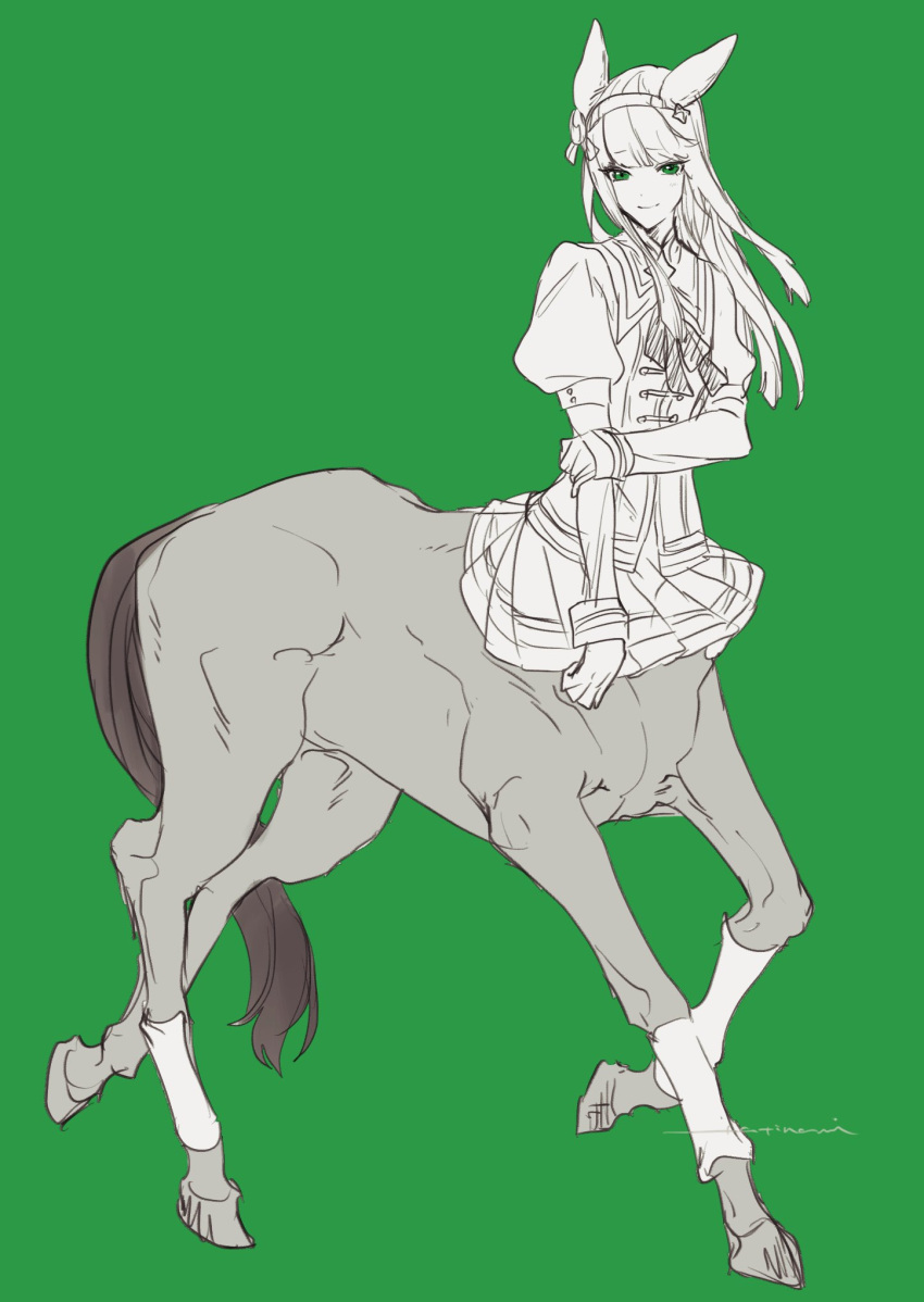 1girl animal_ears bangs blunt_bangs centaur closed_mouth commentary eyebrows_visible_through_hair flat_chest full_body gloves green_eyes hairband highres horse_ears horse_tail long_hair looking_at_viewer monochrome monster_girl monsterification multiple_legs neck_ribbon puffy_short_sleeves puffy_sleeves ribbon school_uniform short_sleeves sidelocks signature silence_suzuka simple_background sketch skirt smile solo standing tail tatinami tracen_school_uniform umamusume